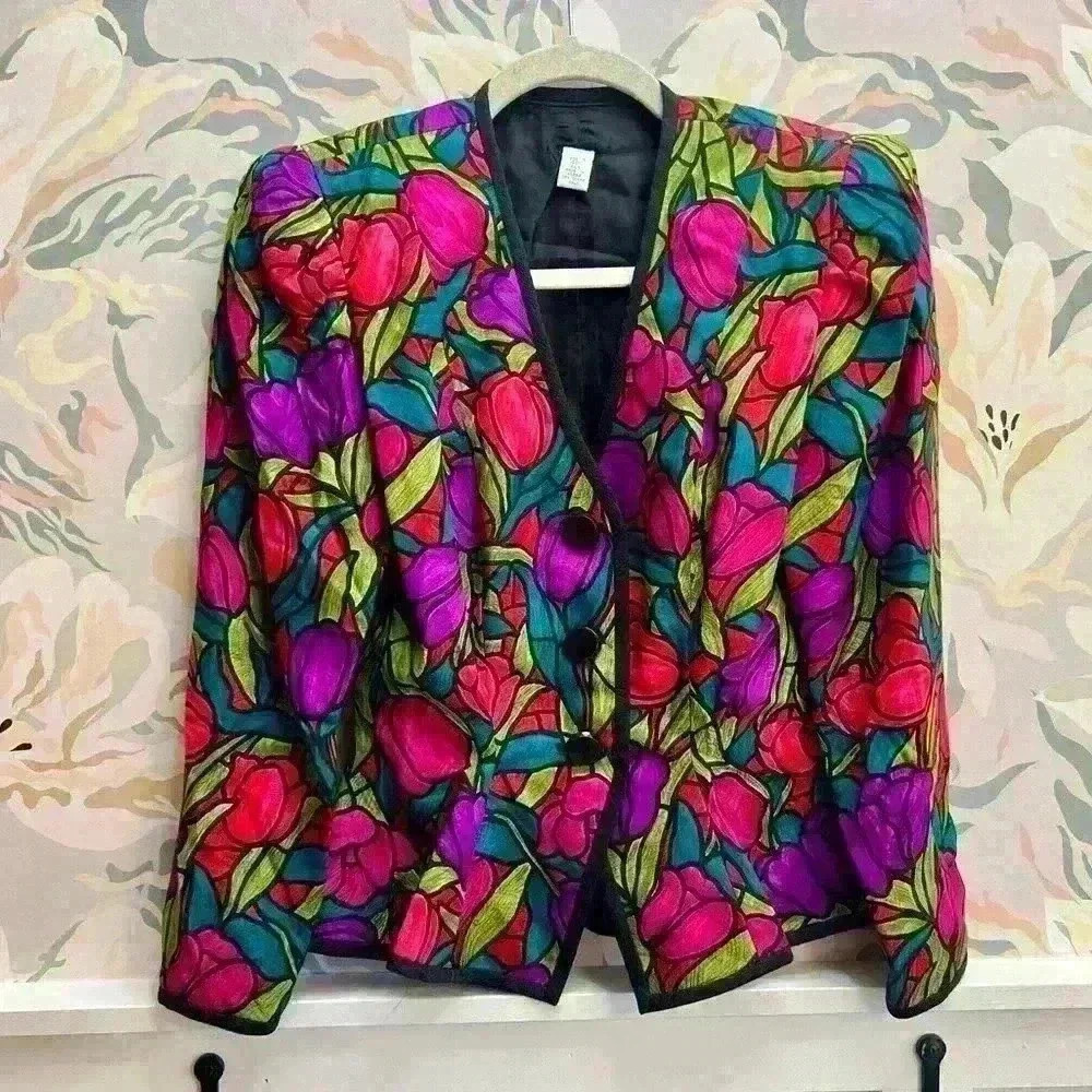 100% Silk Vintage Bright Floral Peplum Blazer Jacket, Size 4
